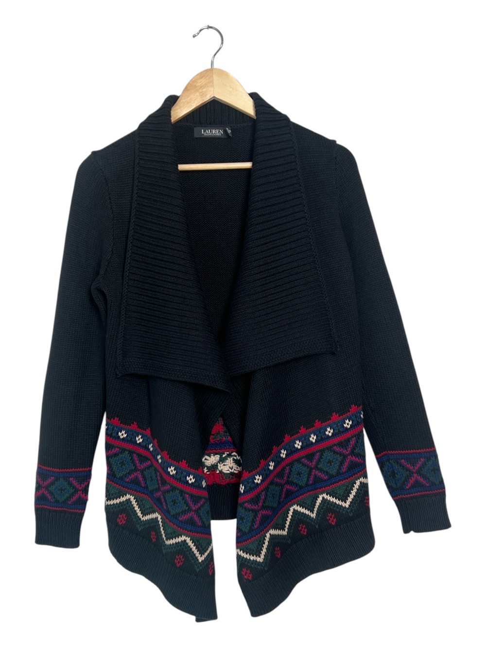 Lauren Ralph Lauren Fair Isle Draped Cardigan Sweater Wool Blend M